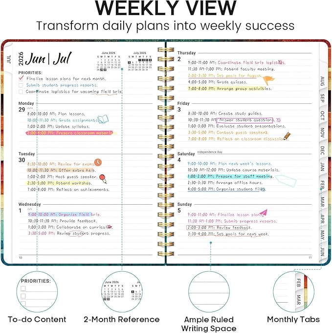 Academic Planner 2026-2027, Weekly and Monthly Calendar Book, July 2026 – June 2027, Hardcover Planner with Tabs, Perfect for Teachers, Students, Women & Men, A5 (6.4" x 8.5") - Wood