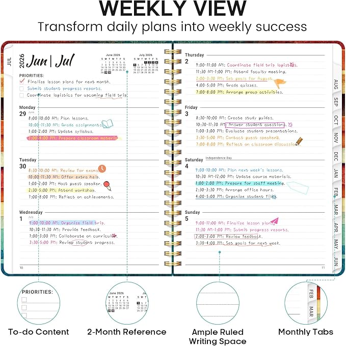 Academic Planner 2026-2027, Weekly and Monthly Calendar Book, July 2026 – June 2027, Hardcover Planner with Tabs, Perfect for Teachers, Students, Women & Men, A5 (6.4" x 8.5") - Wood