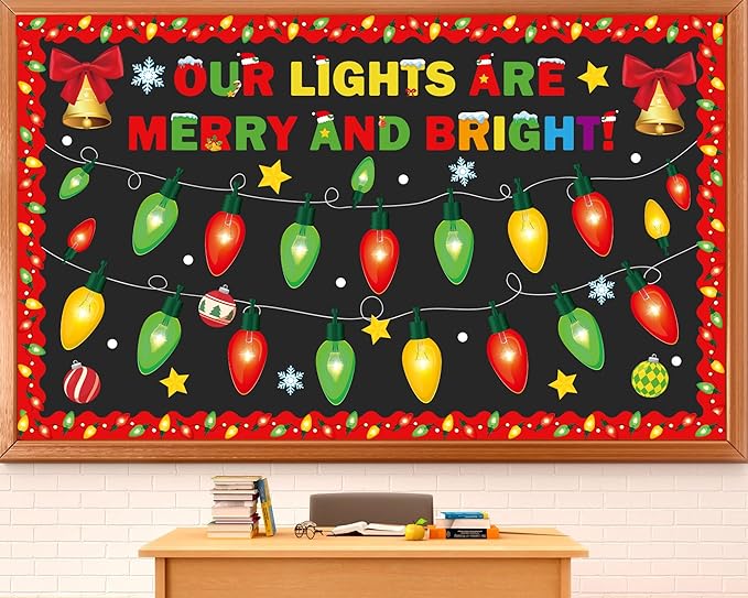 Christmas Bulletin Board Set Xmas Merry and Bright Classroom Decorations Light Bulb DIY Photo Paper Cutouts Winter Holiday Bulletin Board Border for School Wall Xmas Party Decor Teacher Supplies