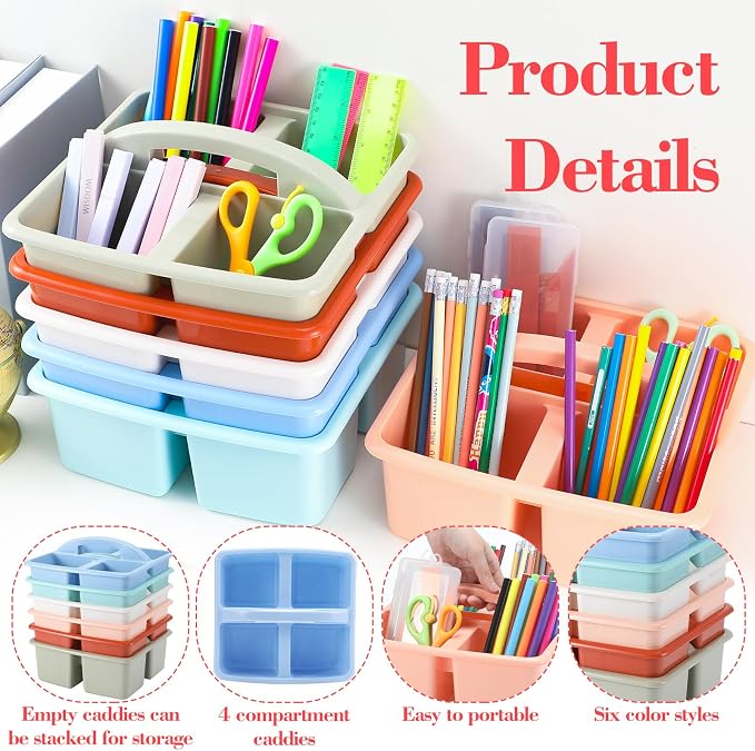 Lineshading 12 Pack Plastic Classroom Caddy - 4 Compartment Organizer Boho Color Table Caddy with Handles for School Home Office Supplies