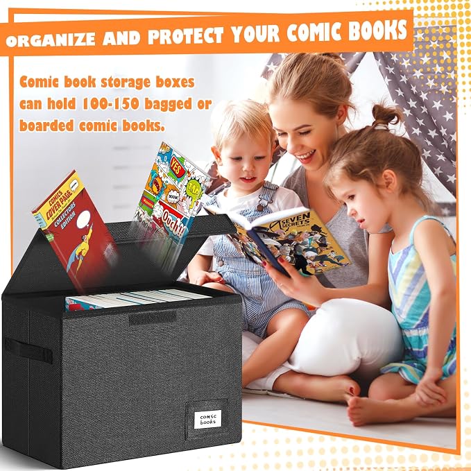 Leffis Comic Book Storage, Box 15.5" X 7.5" X 11.3", Collapsible Comic Short Box with Lids Holds 150 Comics Heavy Duty Comic Book Bin Container (1 pack, black)