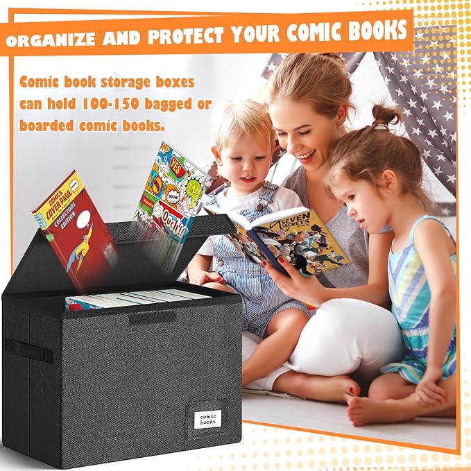 Leffis Comic Book Storage, Box 15.5" X 7.5" X 11.3", Collapsible Comic Short Box with Lids Holds 150 Comics Heavy Duty Comic Book Bin Container (2 pack, black)