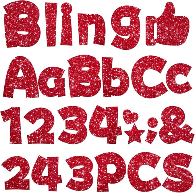 243 Pcs Glitter Bulletin Board Letters Set, 4 Inch Alphabet Poster Board Cardboard Cutouts with Numbers and Punctuation, Classroom School Wall Display Decorations (Red)