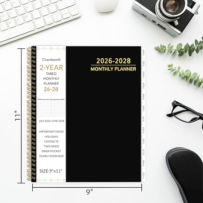 2026-2028 Monthly Planner 2 Year Monthly Planner/Calendar 2026-2028, 24 Months Calendar Planner Jul 2026 – Jun 2028, 9" x 11", Holidays, Tabs, Double-Side Pocket, Thick Paper - Black