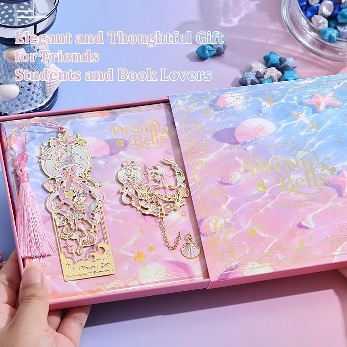 2 Pcs Metal Bookmark Gift Box, Golden Hollow Bookmarks Ocean Painting Theme Book Mark for Women, Book Lovers Writers Readers and Teens, Perfect for Birthday and Graduation Gifts(Pink)