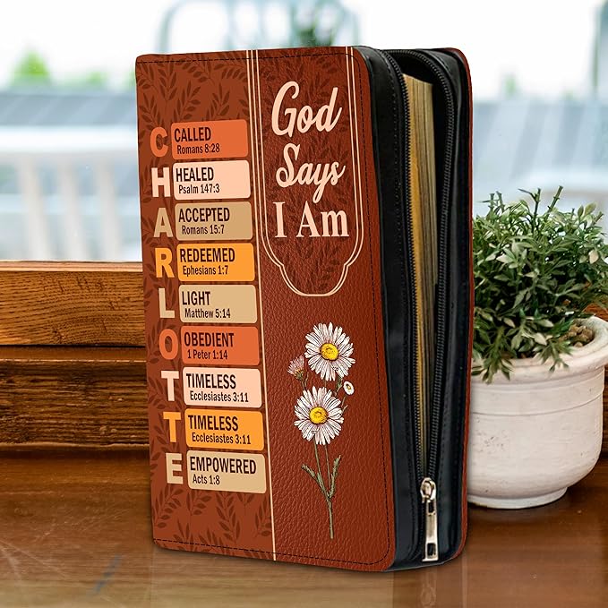Personalized Man of God Bible Cover, God Says I Am Bible Case PU Leather, Bible Holder Handle Zipper, Faith Scripture with Name Case Bag, Religious Gifts for Church Christians Women Men (GOD-06)