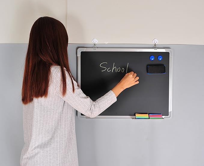 Chalkboard Set - Framed Black Board 24 x 18 inch with 1 Magnetic Eraser, 14 Chalk Sticks (7 Colors) and 2 Magnets - Wall Hanging Blackboard with Frame for Home, Kitchen and Office (24x18)