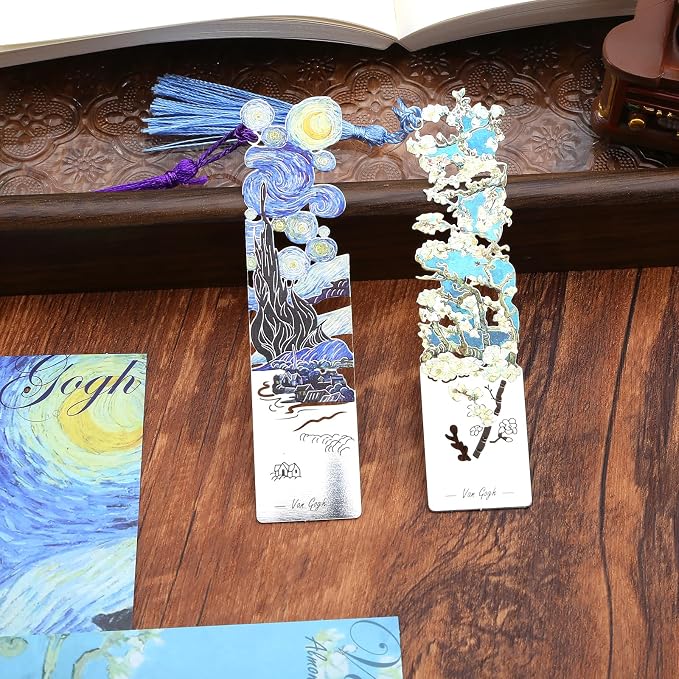 2 Metal Bookmarks with Tassel, Oil Painting Starry Night Over The Rhone and Almond Blossoms, Pretty Bookmarks for Women