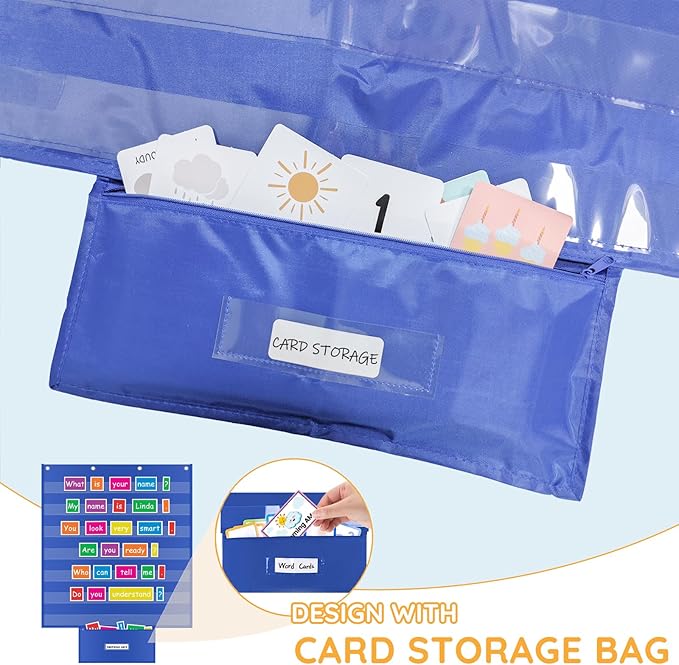 ALSLEA Standard Pocket Chart for Classroom with Zipper Storage Bag 28"x28" Wall Hanging File Display Pocket Chart with 7 Sentence Strips Holder Teacher Essential (Blue)