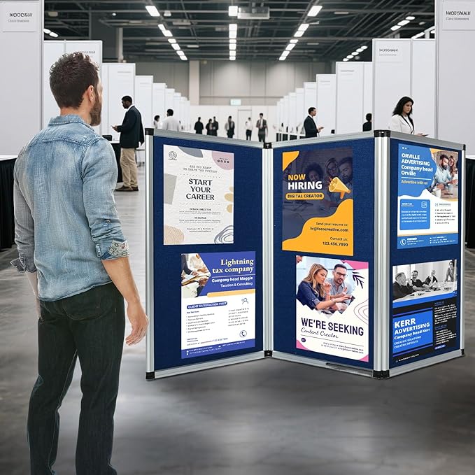 uyoyous 3+1 Panel Trade Show Presentation Board 70.8" x 35.4" Trifold Poster Board Folding Panel Display Large Single Sided Tabletop Display for Event, School Project, Science Fair, Blue