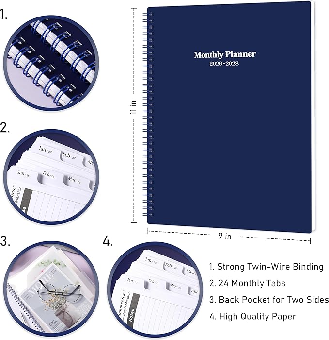 2026-2027 Monthly Planner - Monthly Calendar 2026-2027 with Two-Side Pocket, January 2026 - December 2027, 9" x 11", 2 Years Calendar Planner, Cardboard Cover