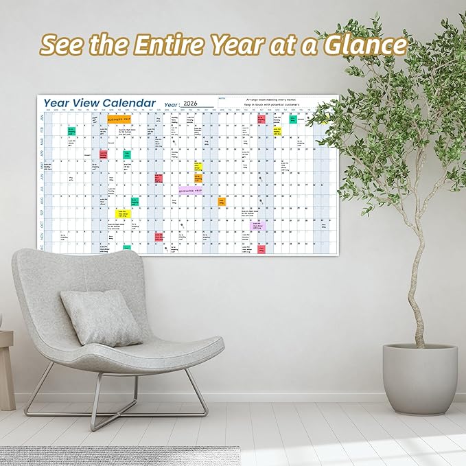 Large Dry Erase Wall Calendar - 24"x 45" Undated 12-Month Yearly Wall Calendar for Home, Office, Classroom - 50 Reusable Dry Erase Color Tabs Included