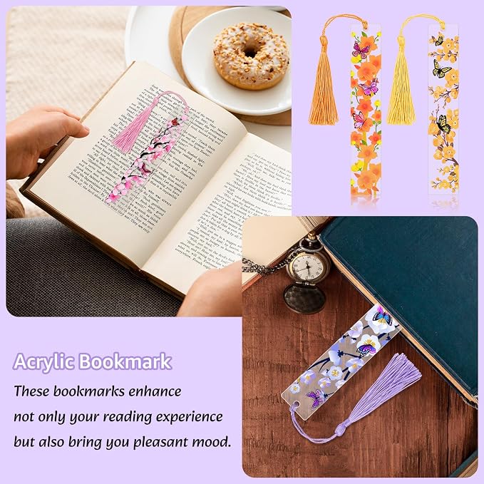 4pcs Pressed Flower Bookmarks, Transparent Acrylic Bookmark with Tassels, Butterfly Flower Theme Book Marks for Reading Women, Cute Book Marking Accessories Gift for Books Lovers(4 Colors)