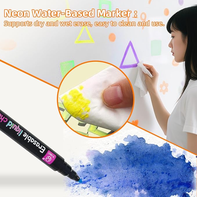 9-Colors Neon Liquid Markers for LED Drawing Board, Magnetic Erasable Markers-Compatible with LED Note/Writing Board, Acrylic Calendar, Glass Windows, Fluorescent Wet or Dry Erase Markers Fine Tip