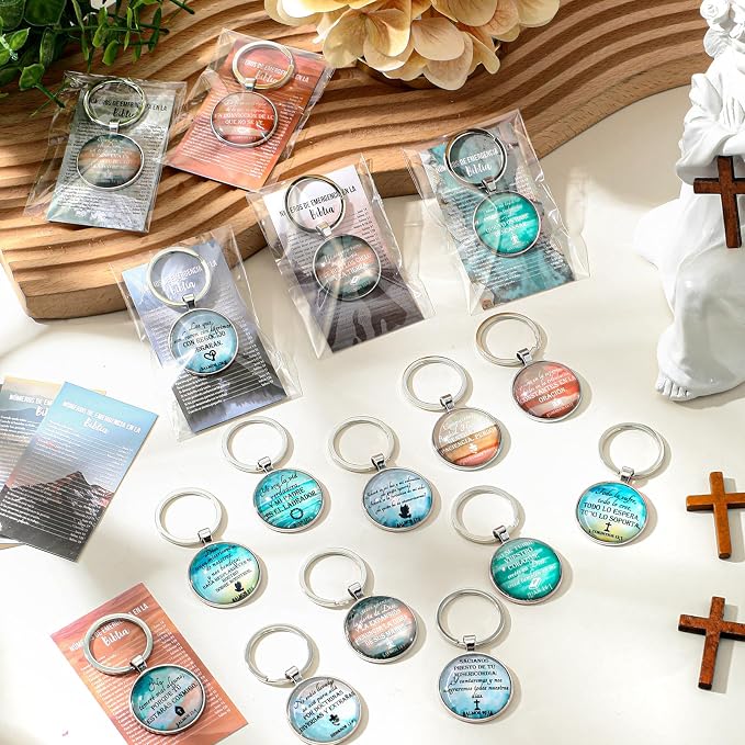 Junkin 25 Set Fathers Day Church Gifts Spanish Christian Gifts Bulk for Men Bible Verse Keychain Religious Bible Emergency Numbers Bookmark Christian Party Favor Women Men(Landscape)