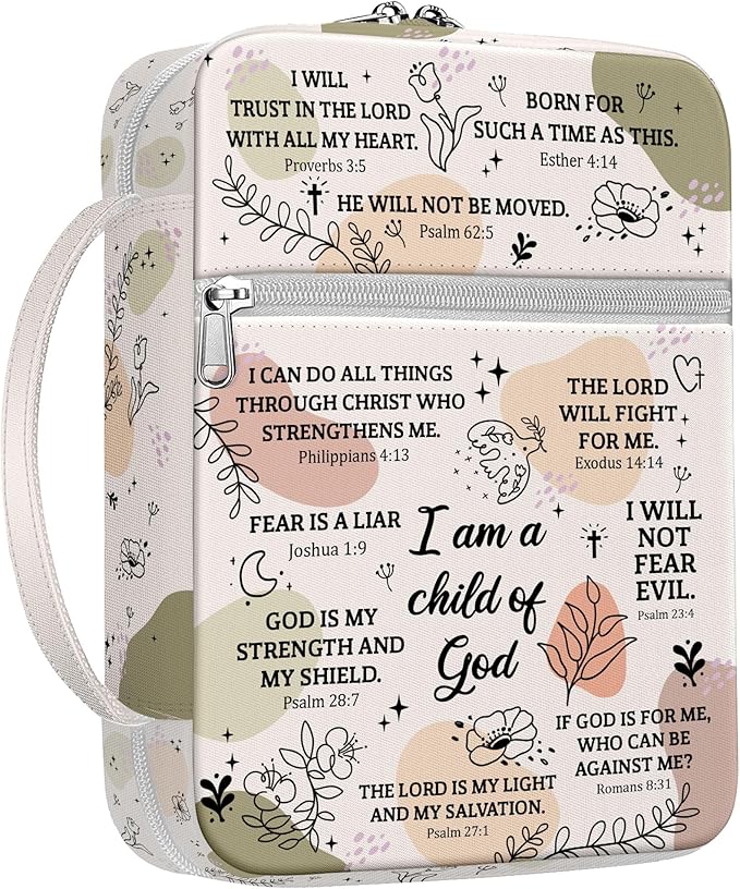 Inspirational Bible Cover for Women with Verses I Am a Child of God Canvas Case, Zippered Scripture Bag, Fits Standard Size Bible, Christian Gift for Girls Church Bible Study