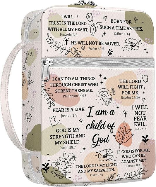 Inspirational Bible Cover for Women with Verses I Am a Child of God Canvas Case, Zippered Scripture Bag, Fits Standard Size Bible, Christian Gift for Girls Church Bible Study