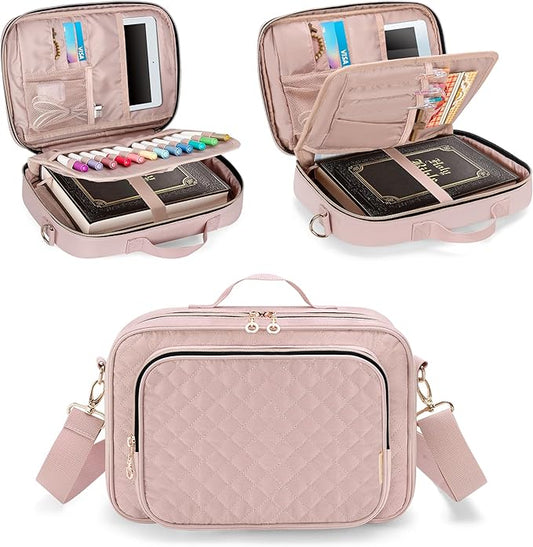 Teamoy Large Bible Cover, Women Bible Carrying Case Church Bag with Straps and Pens Holder, Bible Study Religious Supplies Tote Bag, Pink Quilted