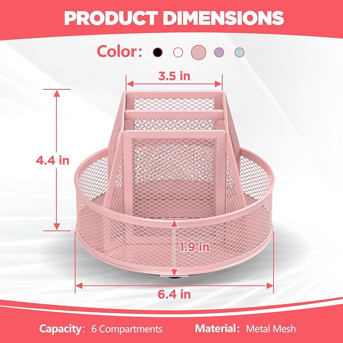 Docnest 360° Rotating Pen Holder,Heavy-Duty Metal Mesh Desk Organizer with 6 Compartments for Pencils,Scissors & Markers –Space Saving Office Supply for Teachers, Students & Home Desk-Pink