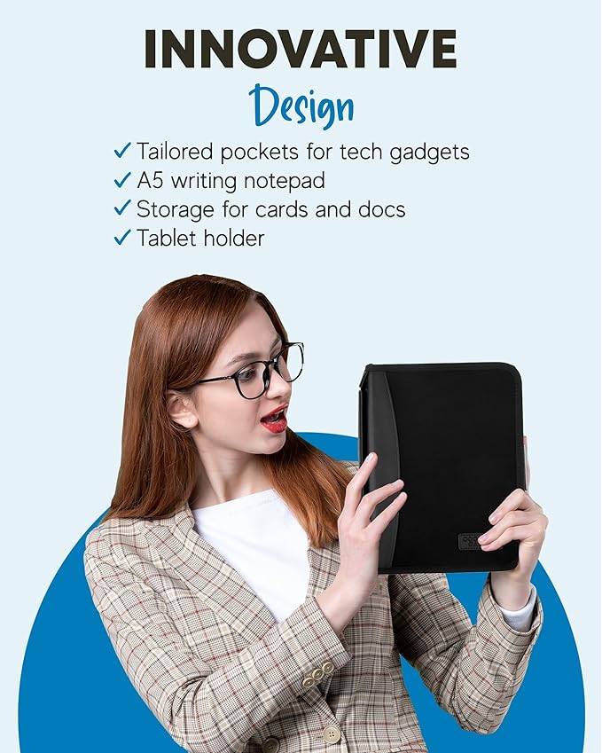 BizMate PRO Zippered Portfolio Organizer with 9-10.5" Conference Folder/Padfolio Tablet Holder, A5 Notebook | Multiple Pockets, Leather Finish, Eco-Mailer
