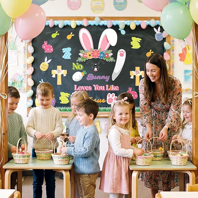 109Pcs Easter Bunny Christian Cross Bulletin Board Set No Bunny Loves You Like Jesus Eggs Cutouts Spring Rabbit Religious Bulletin Board for Bible Sunday School Chalkboard Church Wall Door Decor