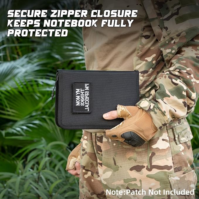 Kosibate Tactical Notebook Cover with Zipper,7.5x5 Inch OCP Military Notebook Cover, Detachable Army Field Tactical Portfolio Organizer with Flag Patch, for Protecting Notes, Book(Black, Cover Only)