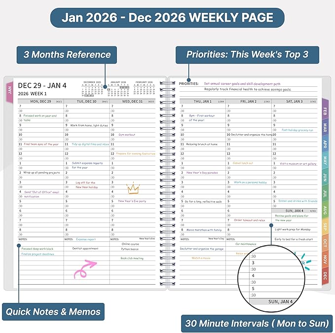 2026 Appointment Book, 30 Minutes-Hourly, Weekly ＆ Monthly Calendar Planner 2026, Jan 2026 - Dec 2026, 8.5'' x 11'', 2026 Daily Planner with Tabs ＆Pocket, Flexible Cover, Great for Office, Home, School