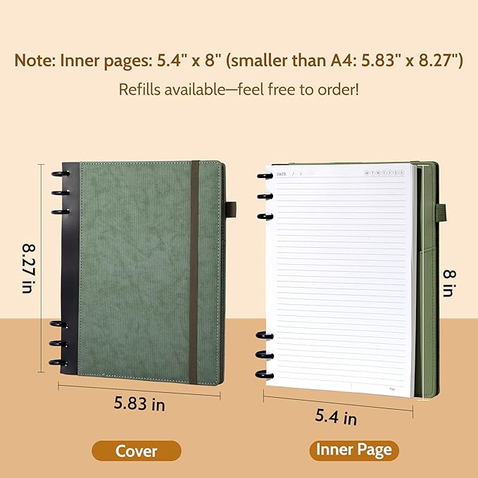 Yoment Leather Journal Notebooks for Work Refillable 224 Page 100 GSM Thick 5 Subject Notebook with Removable Dividers Tabs Hardcover Notebook for School Note Taking Teachers Women Men 6.1 x 8.3,Green