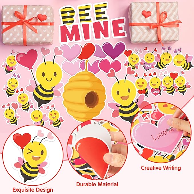 140Pcs Valentine's Day Bee Bulletin Board Classroom Decorations Bee Mine Valentine Heart Accent Cutouts Name Tags Border Trim Party School Classroom Chalkboard Door Wall Decor