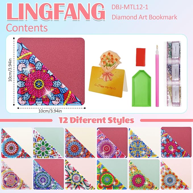 LINFANG 12 Pcs Corner Diamond Painting Bookmark, DIY Book Makers for Book Lovers, Diamond Art Beginners, Small Diamond Art Kits, Paint by Art Crafts Supplies Gift for Women Girls (Mandala)