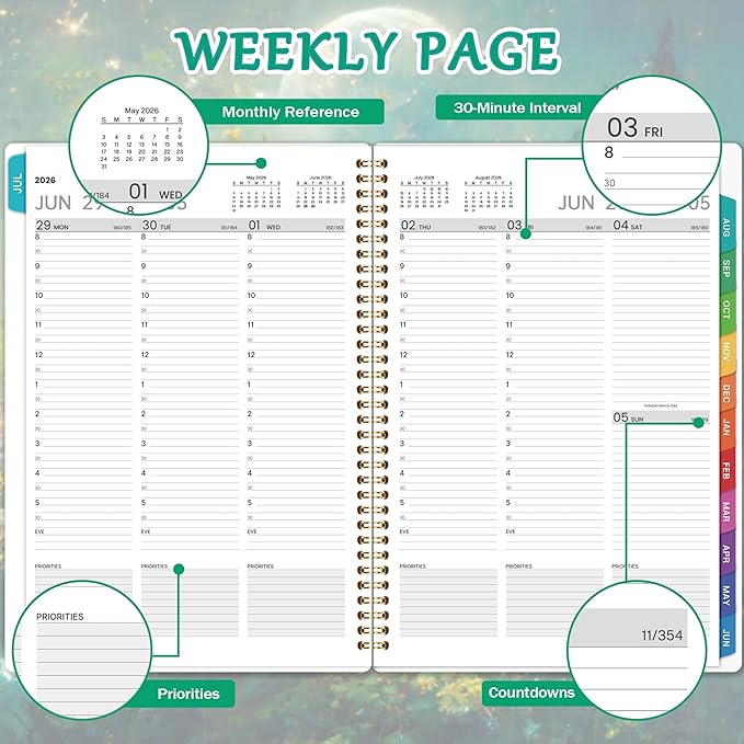 2026-2027 Appointment Book/Planner - Appointment Book 2026-2027, Jul.2026 - Jun.2027, 9" x 11", Daily/Hourly Planner 2026 2027 with 30-Minute Increments, Twin-Wire Binding + Colorful Tabs + Back Pocket, Dreaming Moon