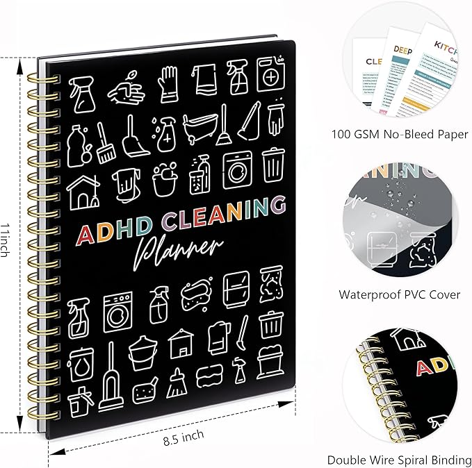 ADHD Cleaning Planner for Adults Women – Reusable Laminated Deep Clean Checklists, Gentle Daily & Weekly Cleaning System, 100 GSM No-Bleed Paper, Waterproof PVC Cover, Spiral Bound Calendar Planner for Overwhelmed Homes