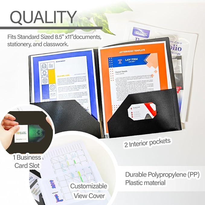 BAZIC Products 2-Pocket Poly Portfolio with View Cover, for Filing Office Home, Set of 2