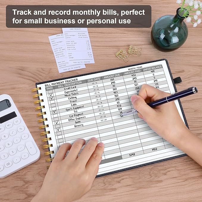 HAUTOCO Hardcover Bill Tracker Notebook Horizontal Monthly Bill Payment Organizer for Personal Budgeting Home Finance with 2 Storage Pocket Expense Checklist Tracking Planner 10.78 x 8'', Black