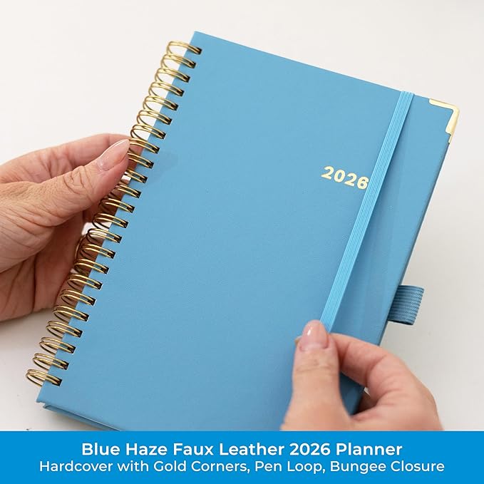 Blue Sky 2026 Weekly and Monthly Planner Calendar, January 2026 - December 2026, 5" x 8", Faux Leather Cover, Durable Twin Wire Binding, Storage Pocket, Laminated Tabs, Includes Pen Loop, Bungee, Ruler, Blue Haze