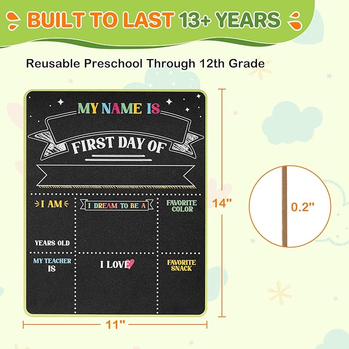 First & Last Day of School Sign - 11x14 Double-Sided Reusable Chalkboard with 7 Chalk Markers - Photo Prop Keepsake Gift for Kids Preschool Kindergarten 1st-5th Grade Back to School