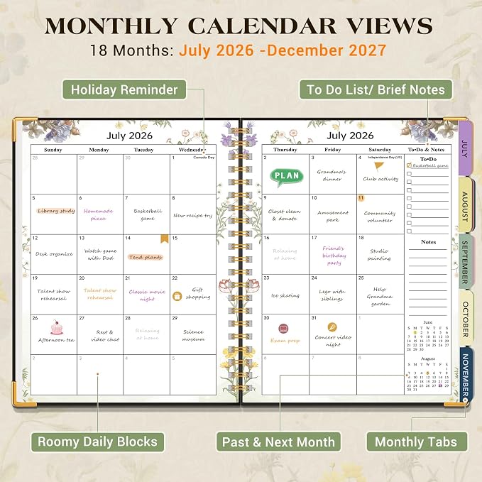 Academic Planner 2026-2027, 18 Months Weekly and Monthly Calendar Planner from July 2026 - December 2027, 7.3" x 10" B5 Large Hardcover Agenda Organizer Book with Tabs, Yearly Daily Planners for School Work Student Teacher, Black Flower