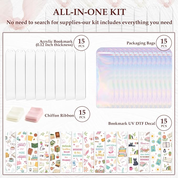 Dazoratix Book Lovers Acrylic Bookmarks - 45 Pcs Cute Acrylic Bookmark Blanks Clear Aesthetic Double-Sided Pastel Bookmark Making Kit UV DTF Transfer Stickers Yellow Pink Ribbon Women DIY Crafts Gifts