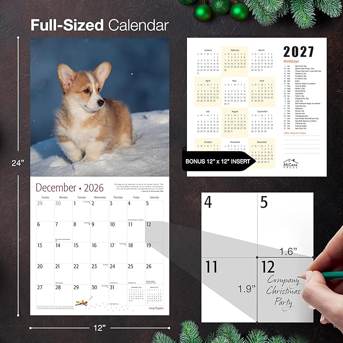 MICASA PRESS Corgi Puppies 2026 Wall Calendar 12 Month | 12" x 24" Open | Thick & Sturdy Paper | Giftable | Cute Puppy Dog Calendar 2026