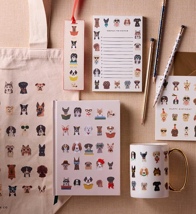 RIFLE PAPER CO. Studious Dogs Bookmark 6" L x 1.75" W, Saffiano PU with a Grosgrain Ribbon, Metallic Gold Foil Logo, Perfect for Book Lovers, Writers, & Readers