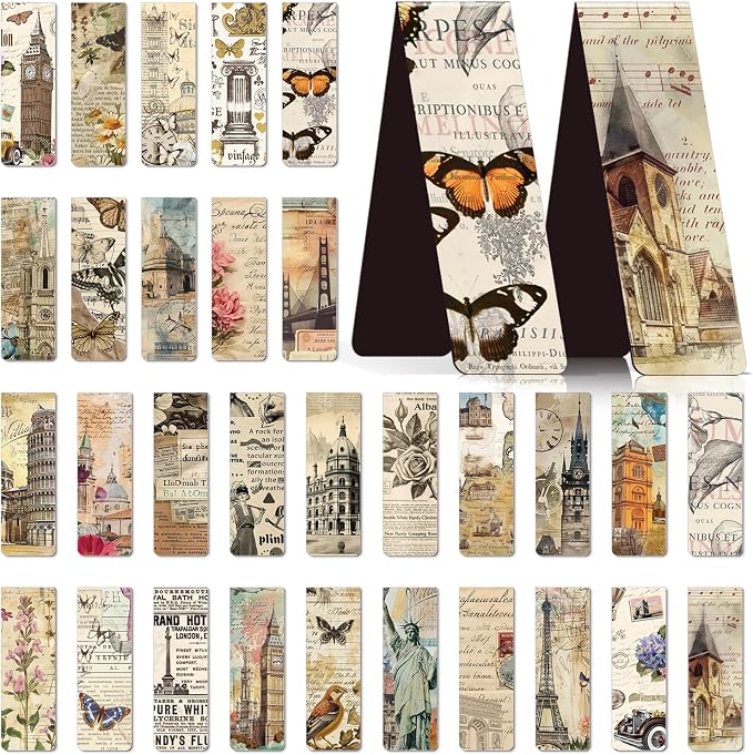 Vintage Natural Magnetic Bookmark Gift - Wxiben 30 Pcs Flower Building Butterfly Bookmarks Magnets Retro Aesthetic Book Marks Page Magnets Marker Clip for Women Book Lovers Students Teacher Teens