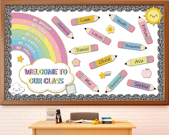 Rainbow Bulletin Board Set Back to School Classroom Decoration Colorful Pencil Bulletin Board Composition Notebook Inspirational Positive Affirmation Paper Cutouts for Classroom Chalkboard Wall Decor