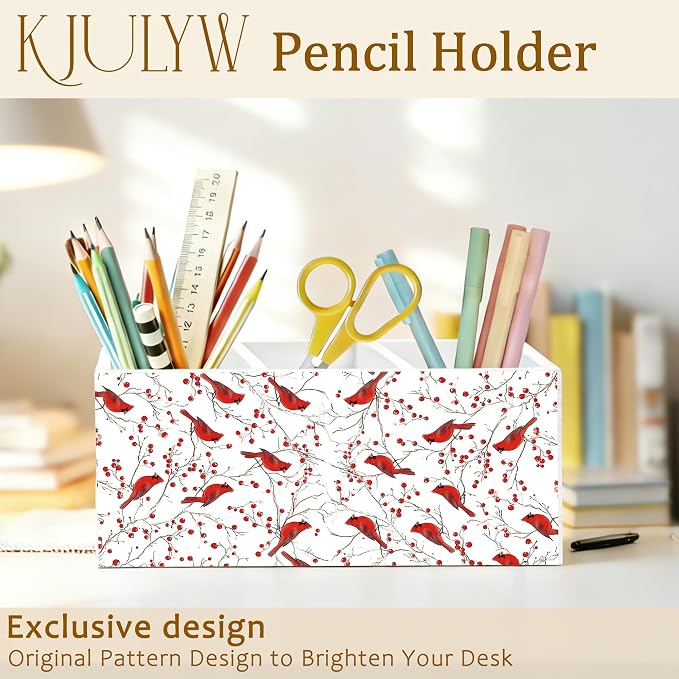 Red Cardinal Pen Holder for Desk, Cardinal Lover Gifts, Red Berry Botanical Bird Wooden Box Pencil Pen Holder Organizer for Home Office Desk Accessories