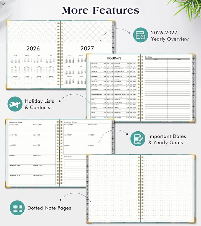 Planner 2026-2027, 18 Months Weekly and Monthly Hardcover Planner, January 2026 - June 2027, 5.75" x 8.38" A5 Daily Calendar Planner Book with Tabs, Spiral Yearly Agenda Organizer Notebook for School Work Home, Teal Marble