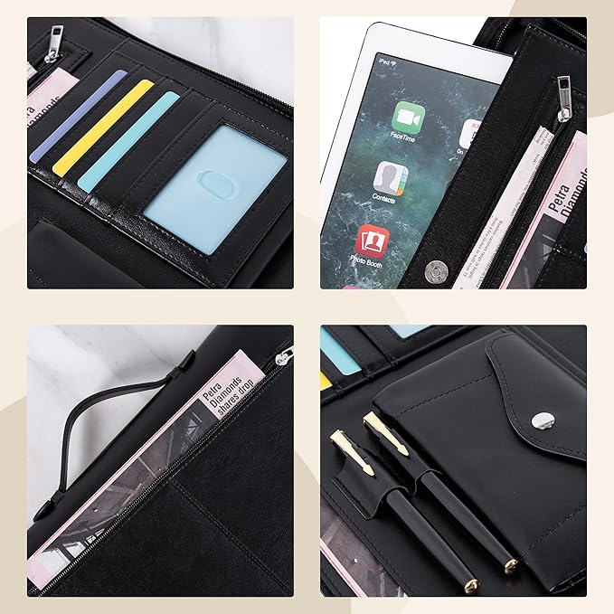 Calfinder Portfolio Binder, Portfolio with Handle and Zipper, Leather Portfolio for Men Women,Portfolio Organizer for A4 Letter Size Notepad, Business Card Holder,Padfolio for Business, School, Work