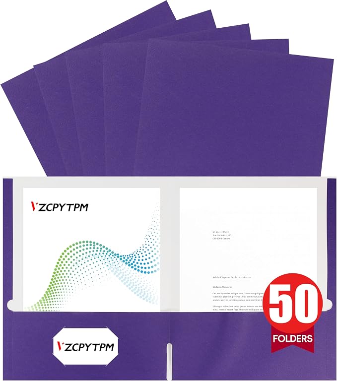 VZCPYTPM 50 Pack Purple Folders with Pockets,2 Pocket File Folders for Letter Size (8.5 x 11 Inch),Professional Design with Business Card Slot for Office and School Organization