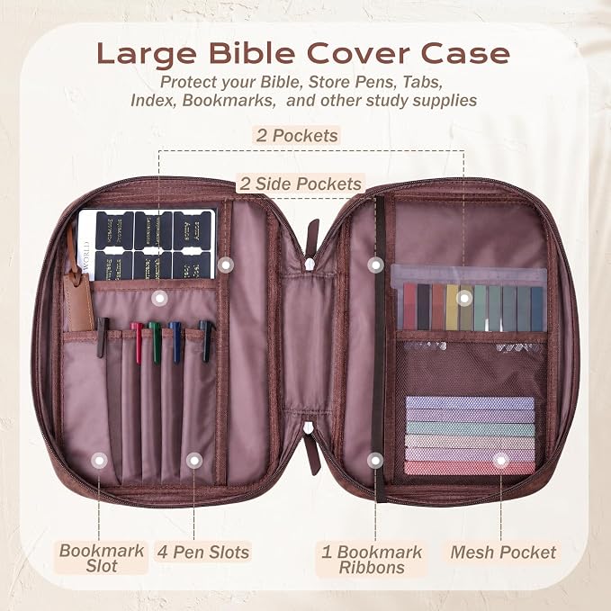 XKDOUS Leather Bible Cover Book Carrying Case Classic Church Bag Holder Portable Study Supplies Organizer with Handle, Pockets Father Day Christian Gift for Dad, Men, Women, Friends