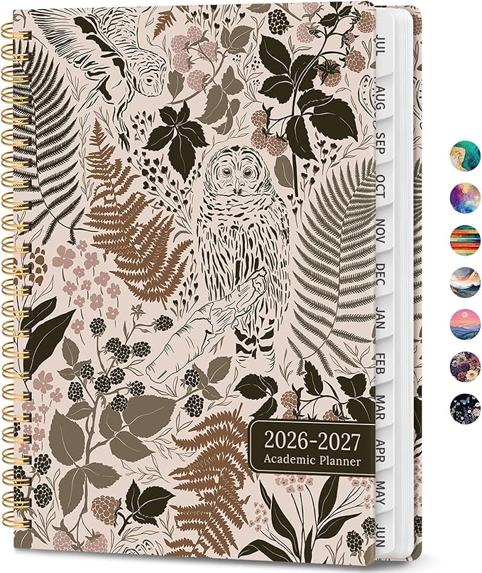 Academic Planner 2026-2027, Weekly and Monthly Calendar Book, July 2026 – June 2027, Hardcover Planner with Tabs, Perfect for Teachers, Students, Women & Men, A5 (6.4" x 8.5") - Owl