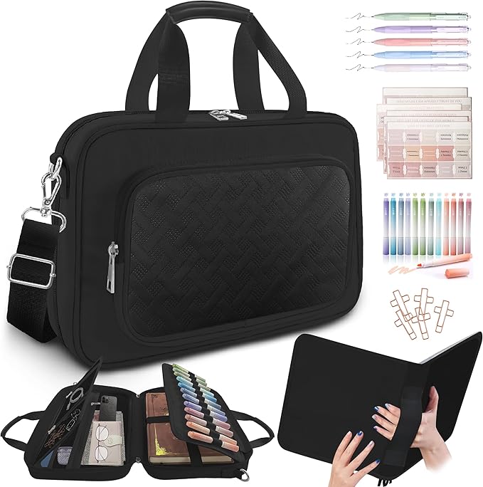 Large Bible Cover Case for Boys Mens, Book Carrying Case with Highlighters Tabs Pens, Bible Bag for Men Organizer, Bible Holder Bible Study Supplies Journaling Kit, Christian Gifts Black