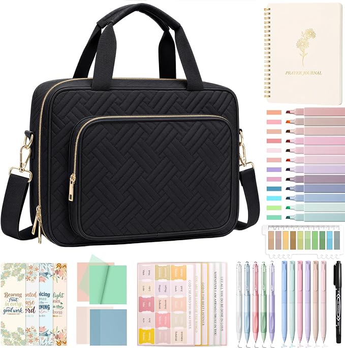 XKDOUS Bible Cover Case for Women, Quilted Large Bible Bag with Shoulder Strap, Bible Study Supplies with Highlighters, Tabs & Journaling Kit, Christian Gifts for Mom & Women (Black)